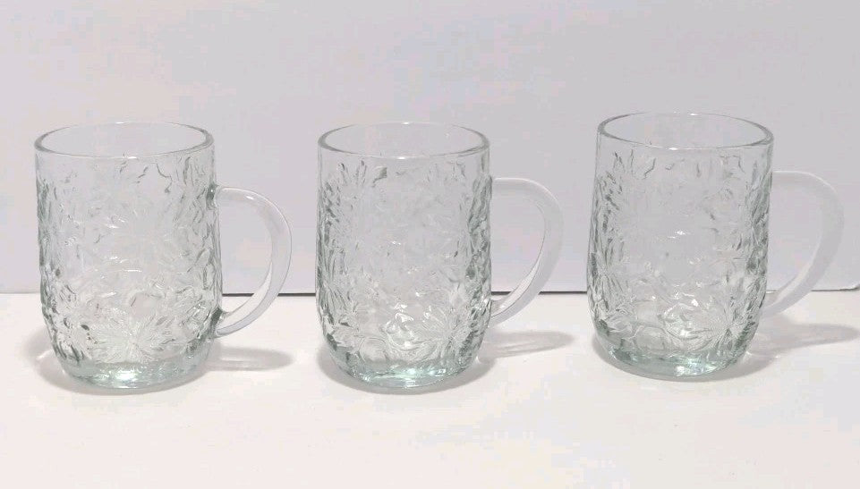 Set of 3 Princess House Fantasia Clear Glass Poinsettia Design Coffee Mug Cup