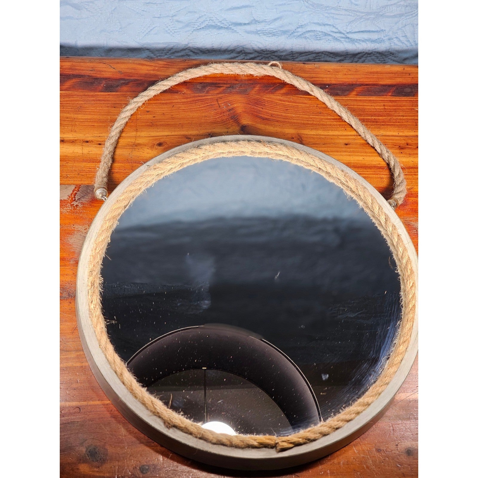 Vintage Round Rope Mirror 16" – Distressed Plastic Frame, Coastal Wall Decor