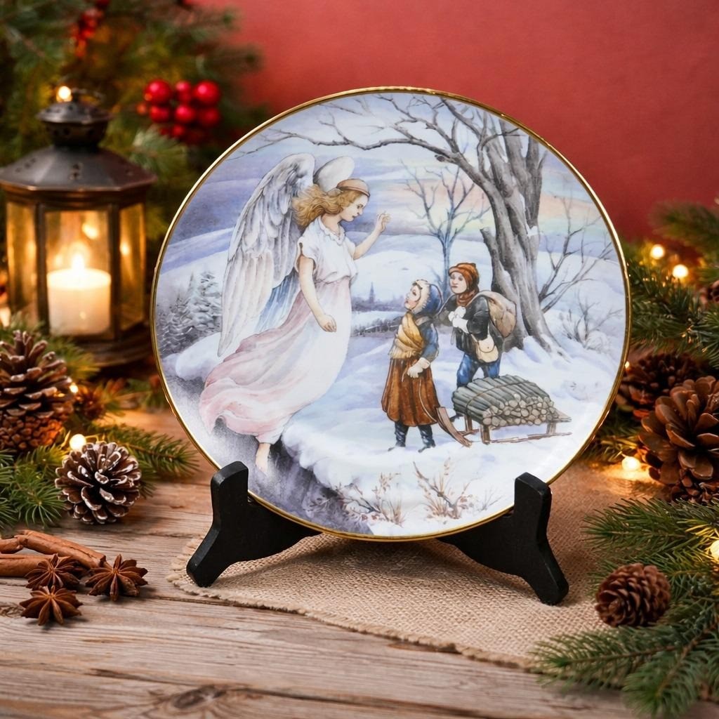 Vintage Baranyk Design Angel Winter Decorative Plate Gold Rim 8 Inch