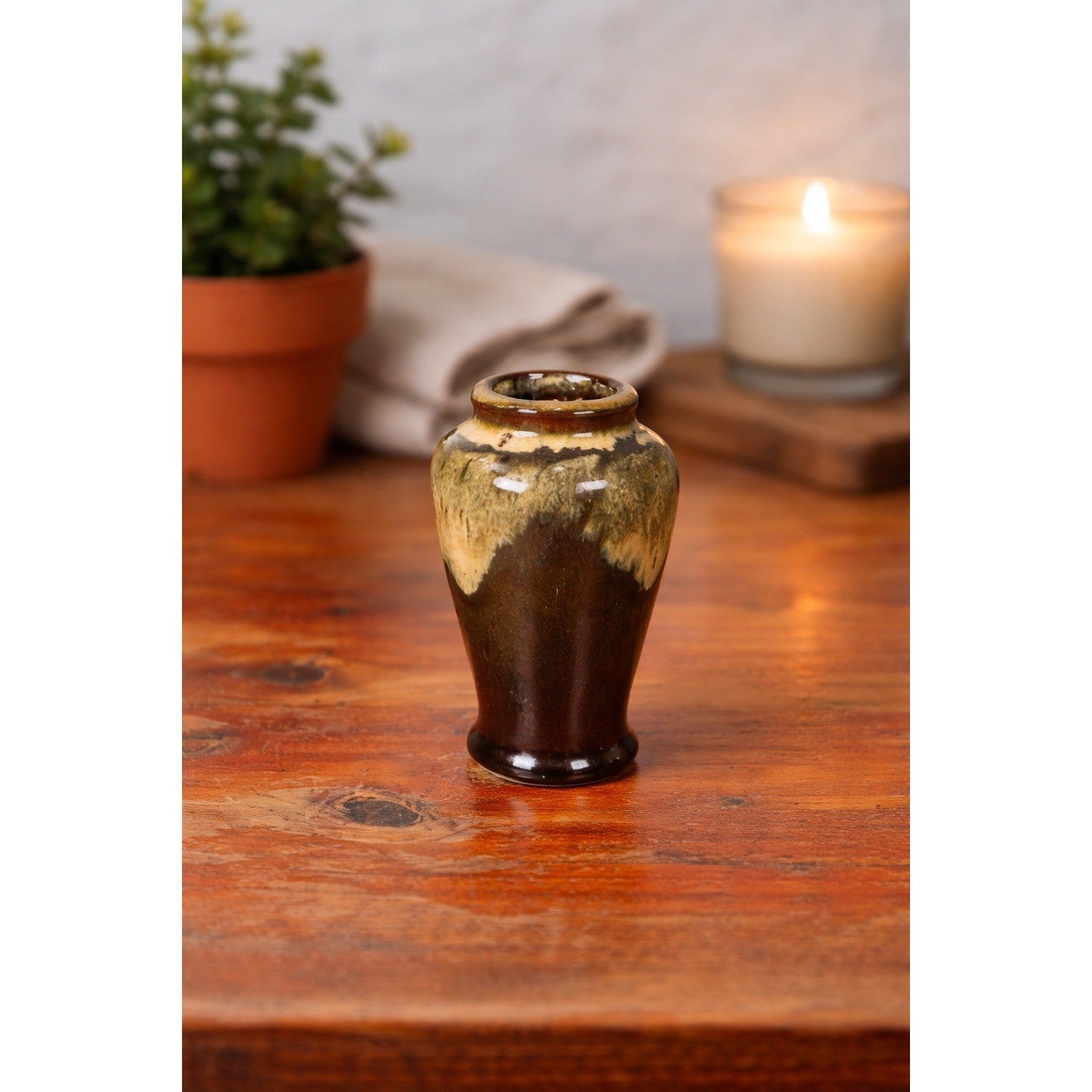 Small Drip Glaze Ceramic Vase Earth Tones Decorative Accent Piece