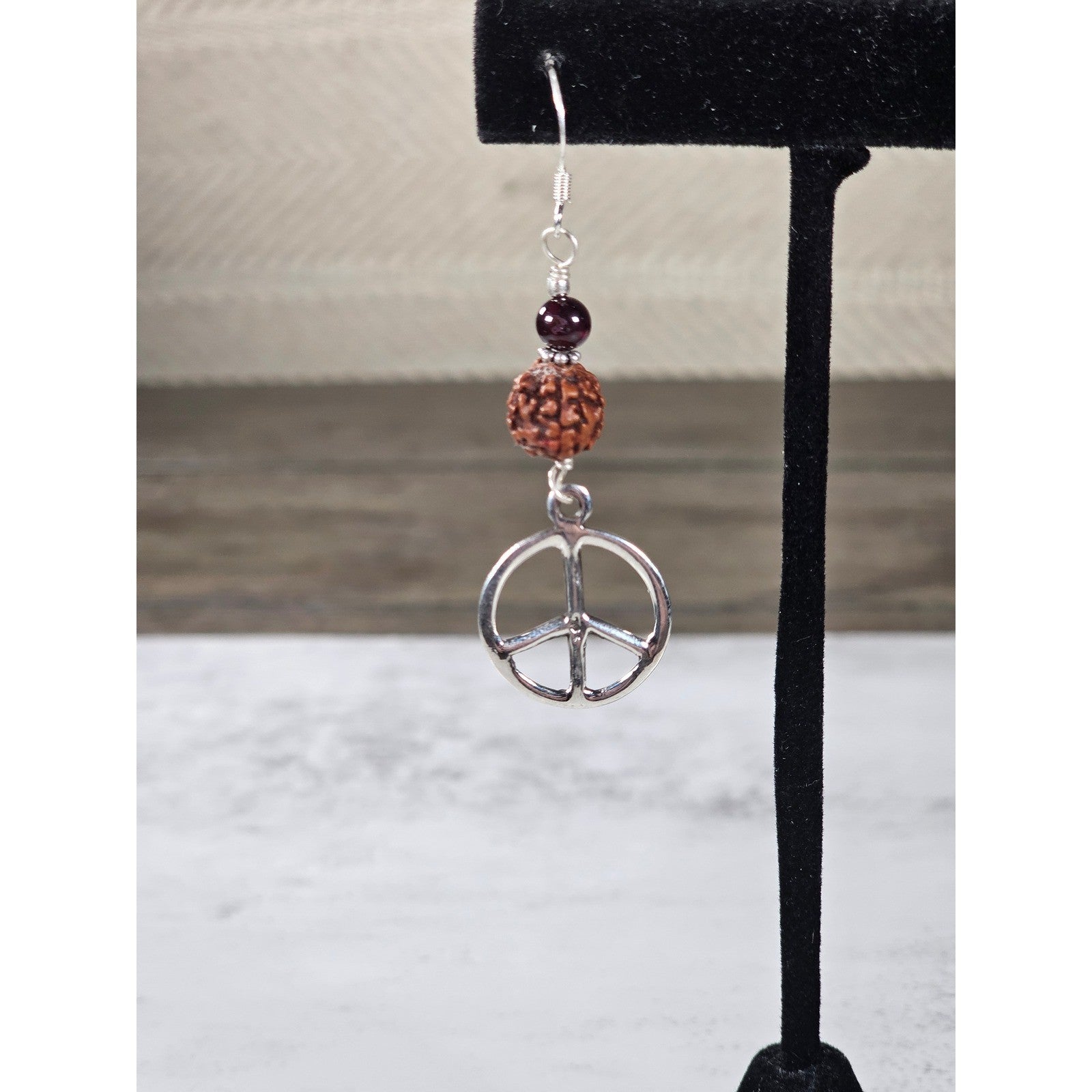 Vintage Peace Sign Dangle Earrings Sterling Silver Beaded Drop