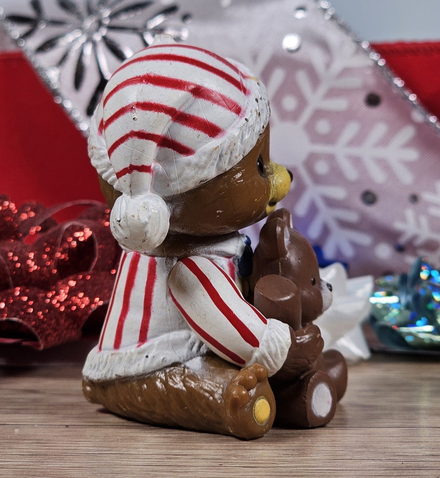 Vintage Candy Cane Pajama Bear Ornament Figurine 2.5″ Resin Holiday Decor