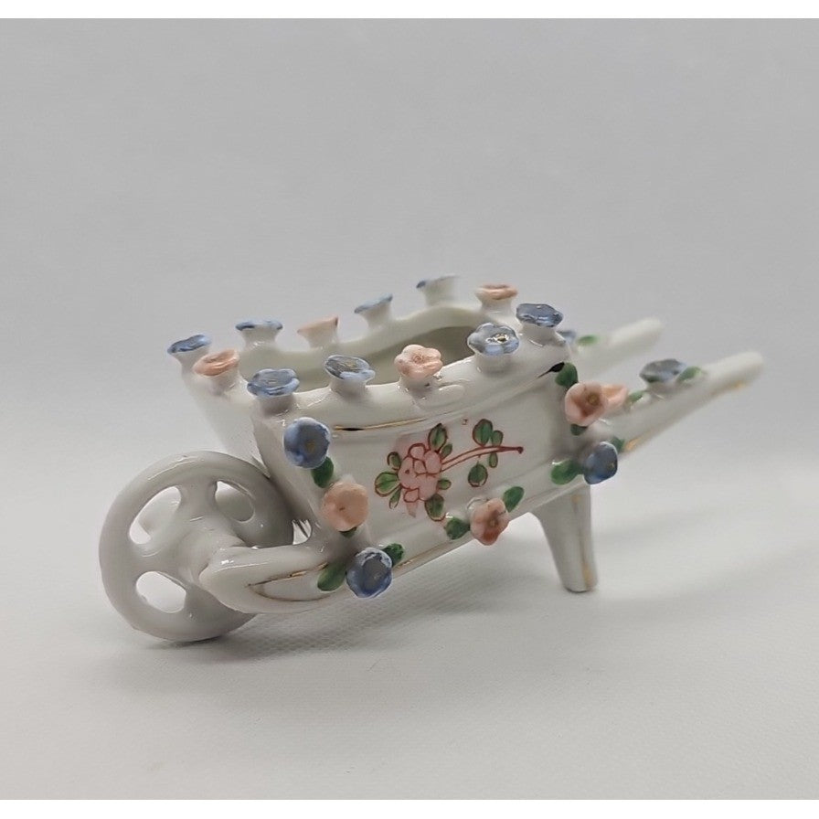Vintage White Ceramic Mini Wheelbarrow Planter | Floral Antique Decor