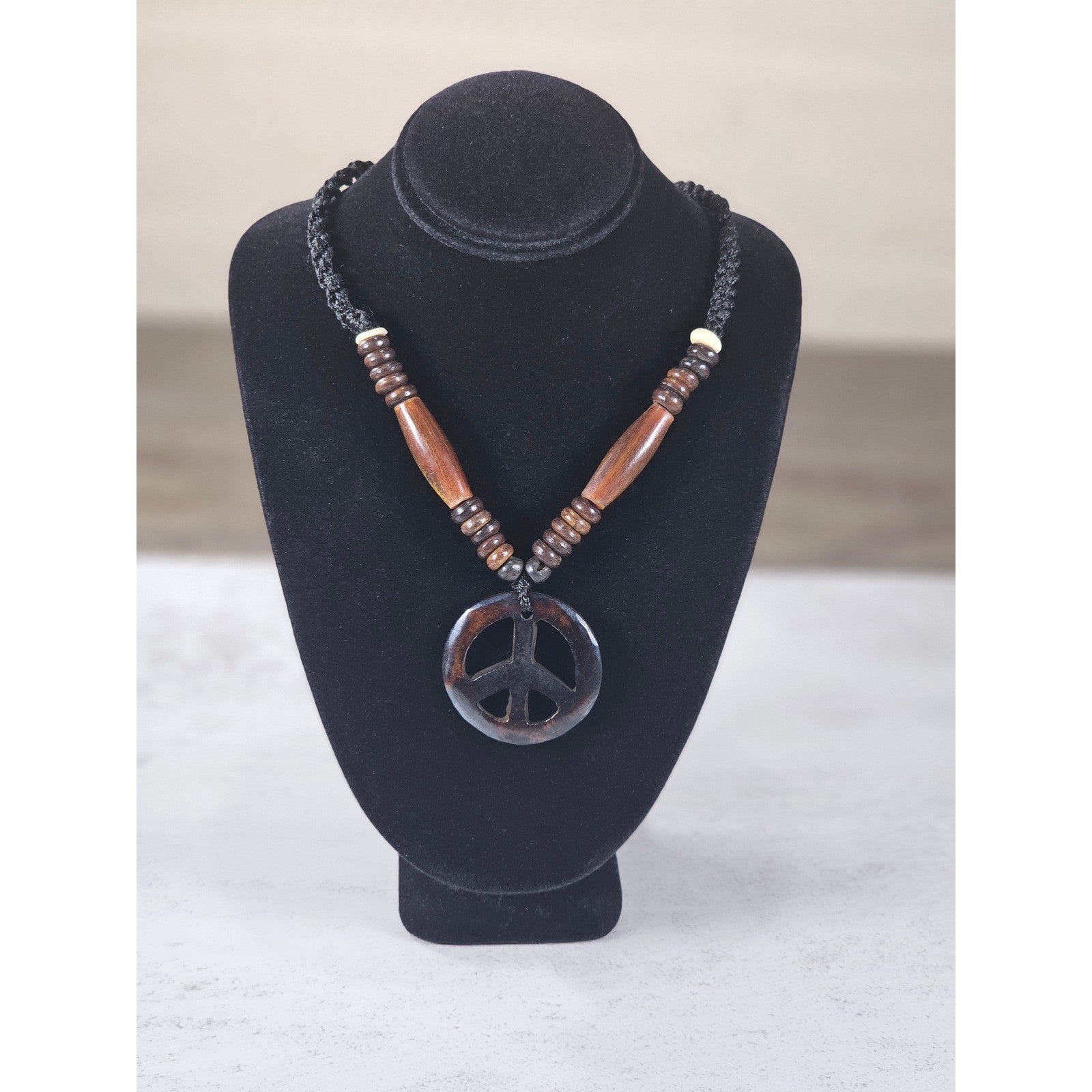 Vintage Wood Peace Sign Necklace Boho Beaded Cord Pendant