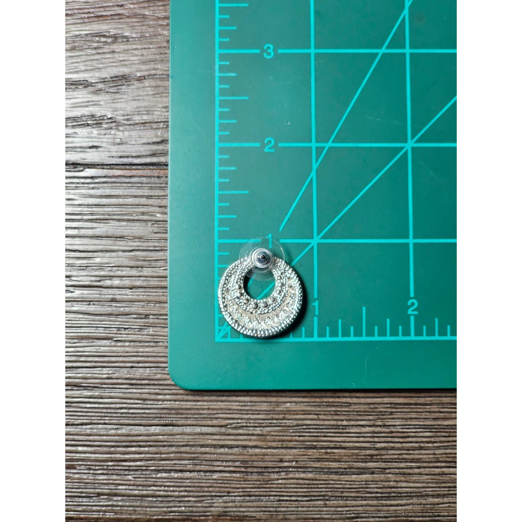 Vintage Silver-Tone Swirl Circle Stud Earrings with Rhinestone Accent