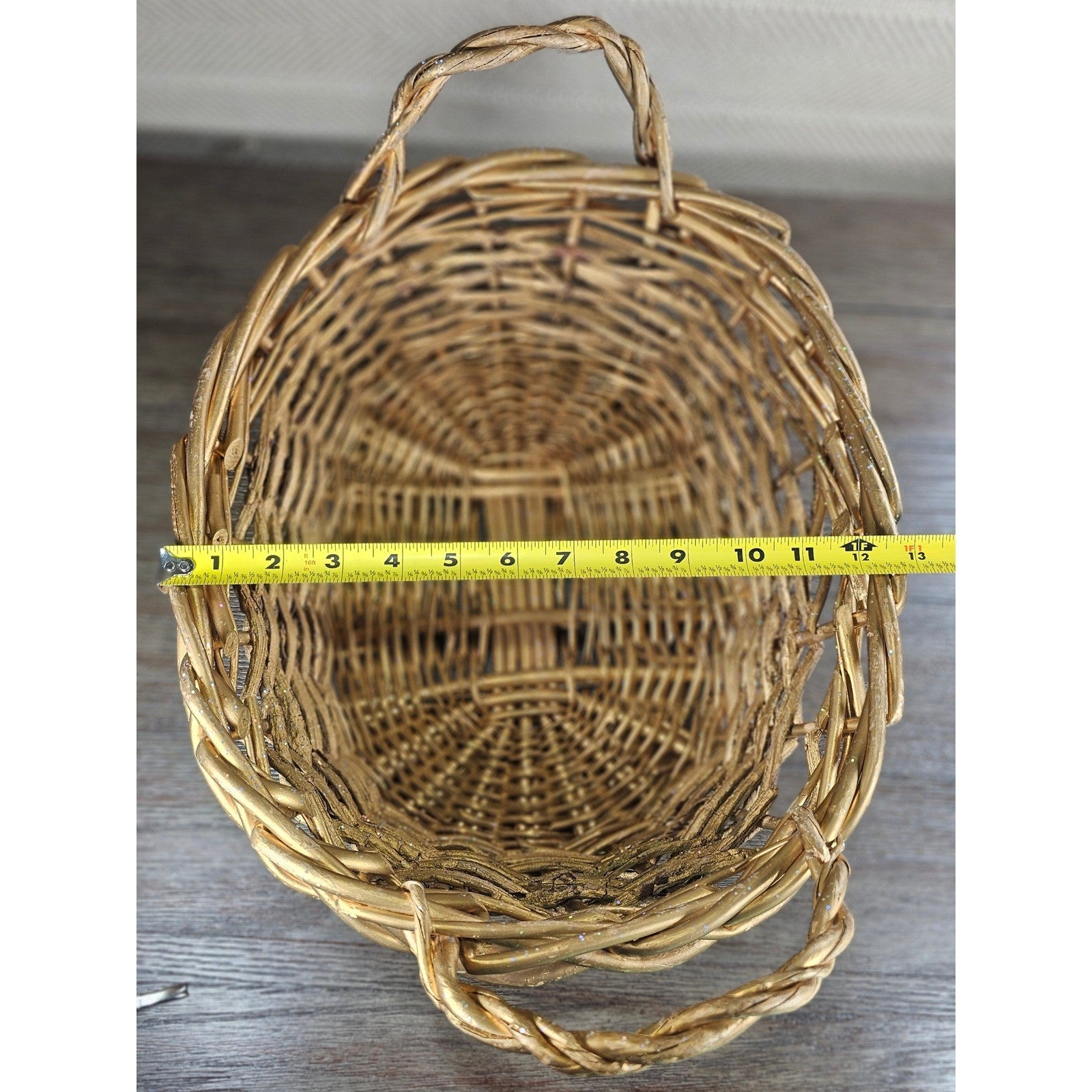 Vintage Gold Glitter Wicker Basket with Handles | Rustic Cottage Decor