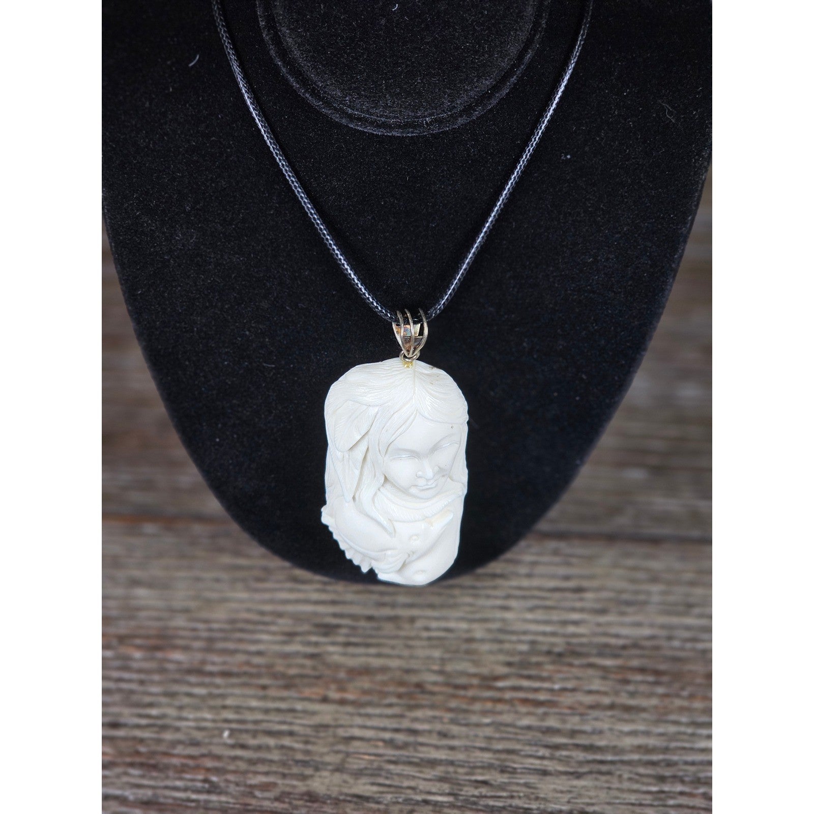 Vintage Buffalo Bone Carved Woman Pendant Necklace 2.5 x 1 Inch