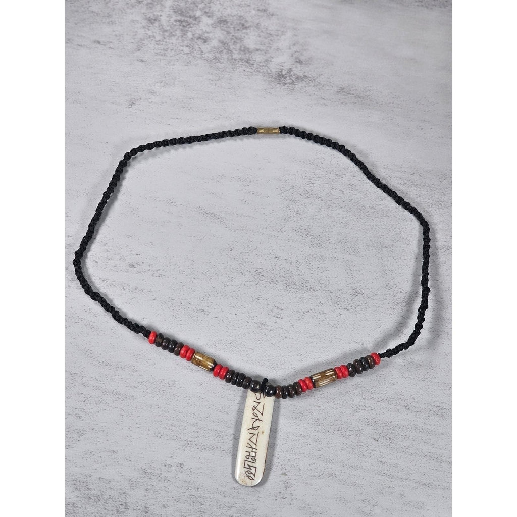Vintage Tribal Script Pendant Necklace Wood & Red Beads