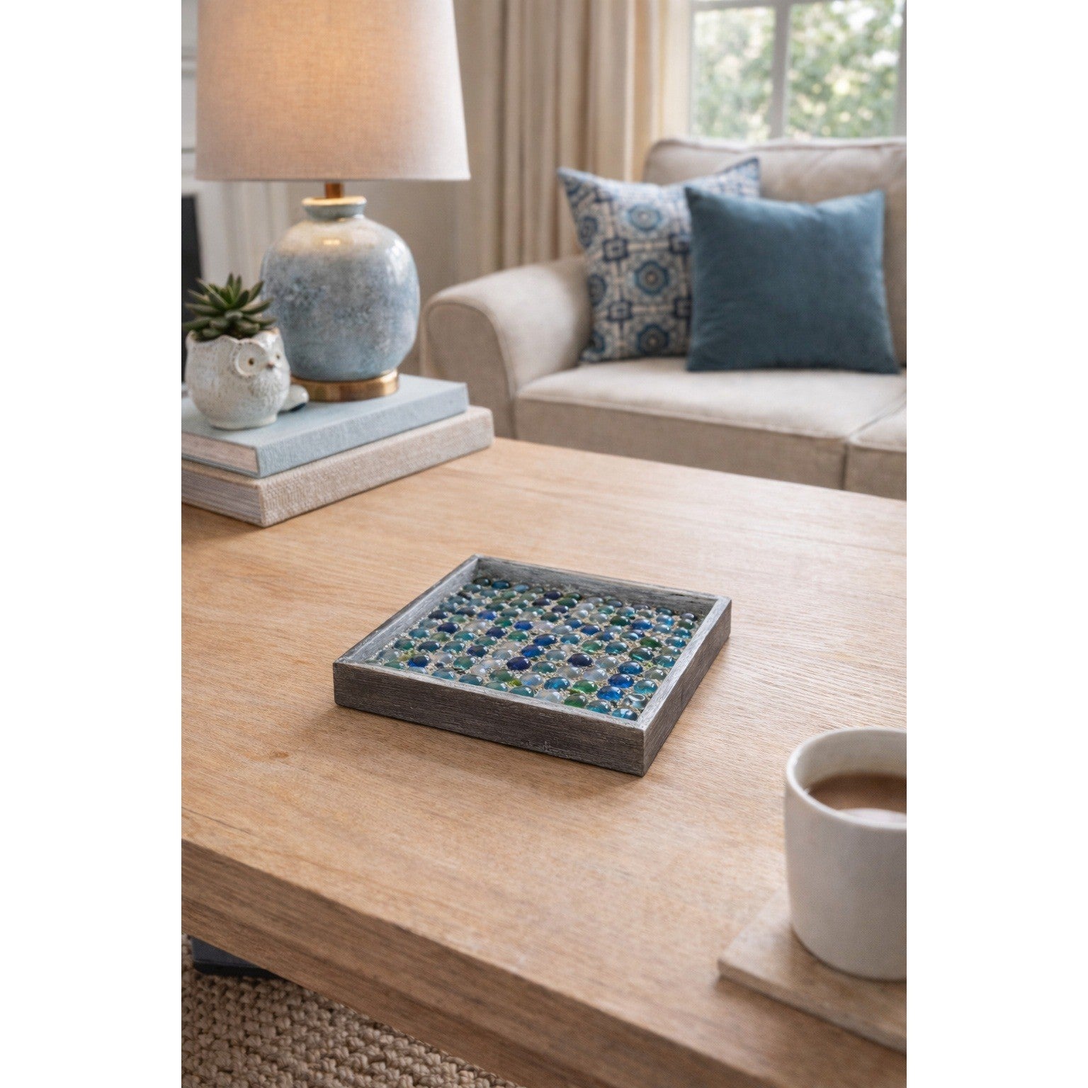 Handmade Glass Marble Mosaic Tray 9.5 Inch Vintage Decorative Display