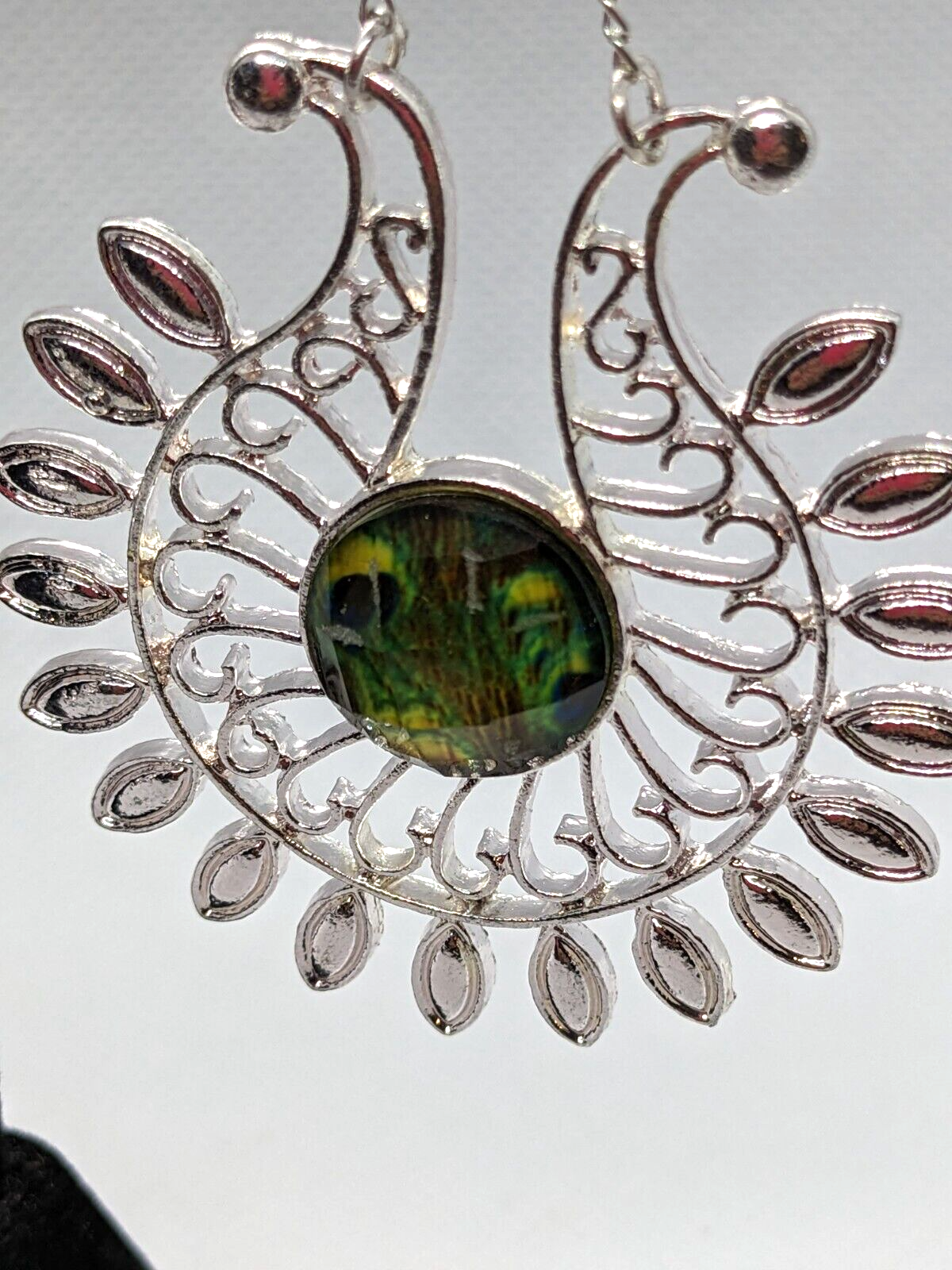 Silver Plated Peacock Feather Acrylic Eye Dangle Drop Earrings