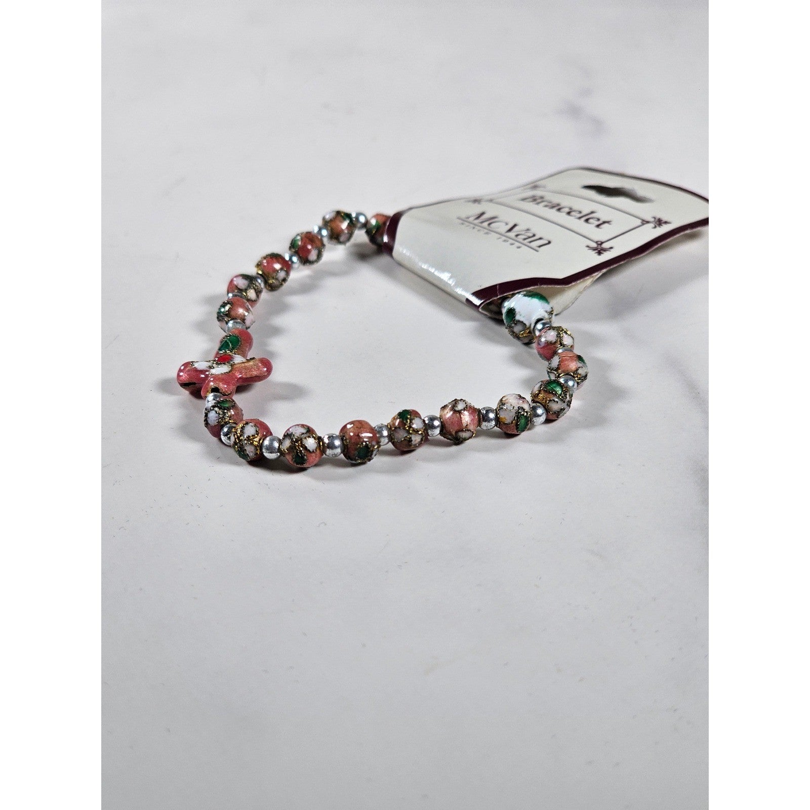 Vintage McVan Enamel Beaded Bracelet Floral Charm Pink Green