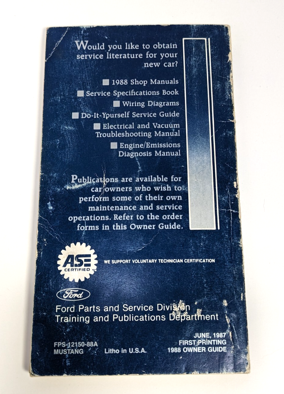 Vintage 1988 Ford Mustang Owner's Guide Book Operating Manual First Printing