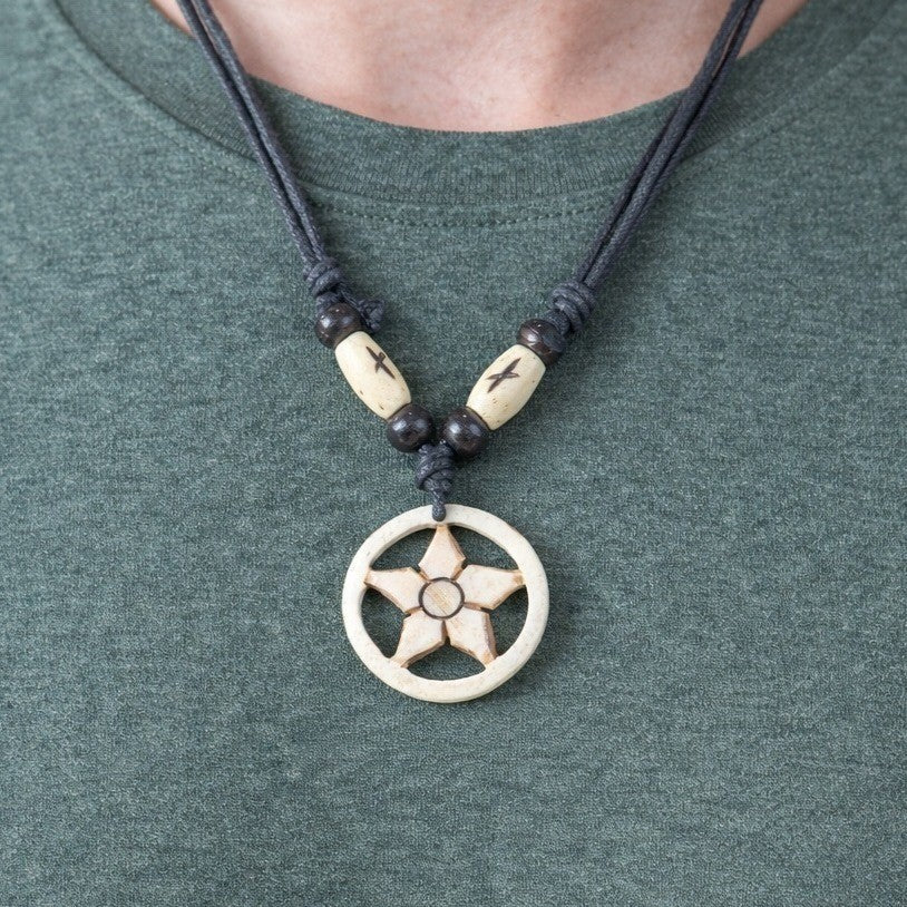 Vintage Carved Floral Pendant Necklace Black Cord Boho Statement
