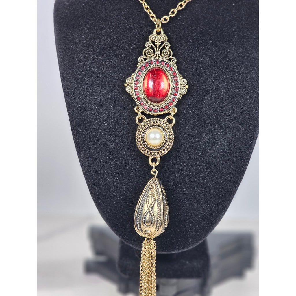 Vintage Gold Tone Red Cabochon Necklace with Faux Pearl Tassel Pendant