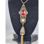 Vintage Gold Tone Red Cabochon Necklace with Faux Pearl Tassel Pendant