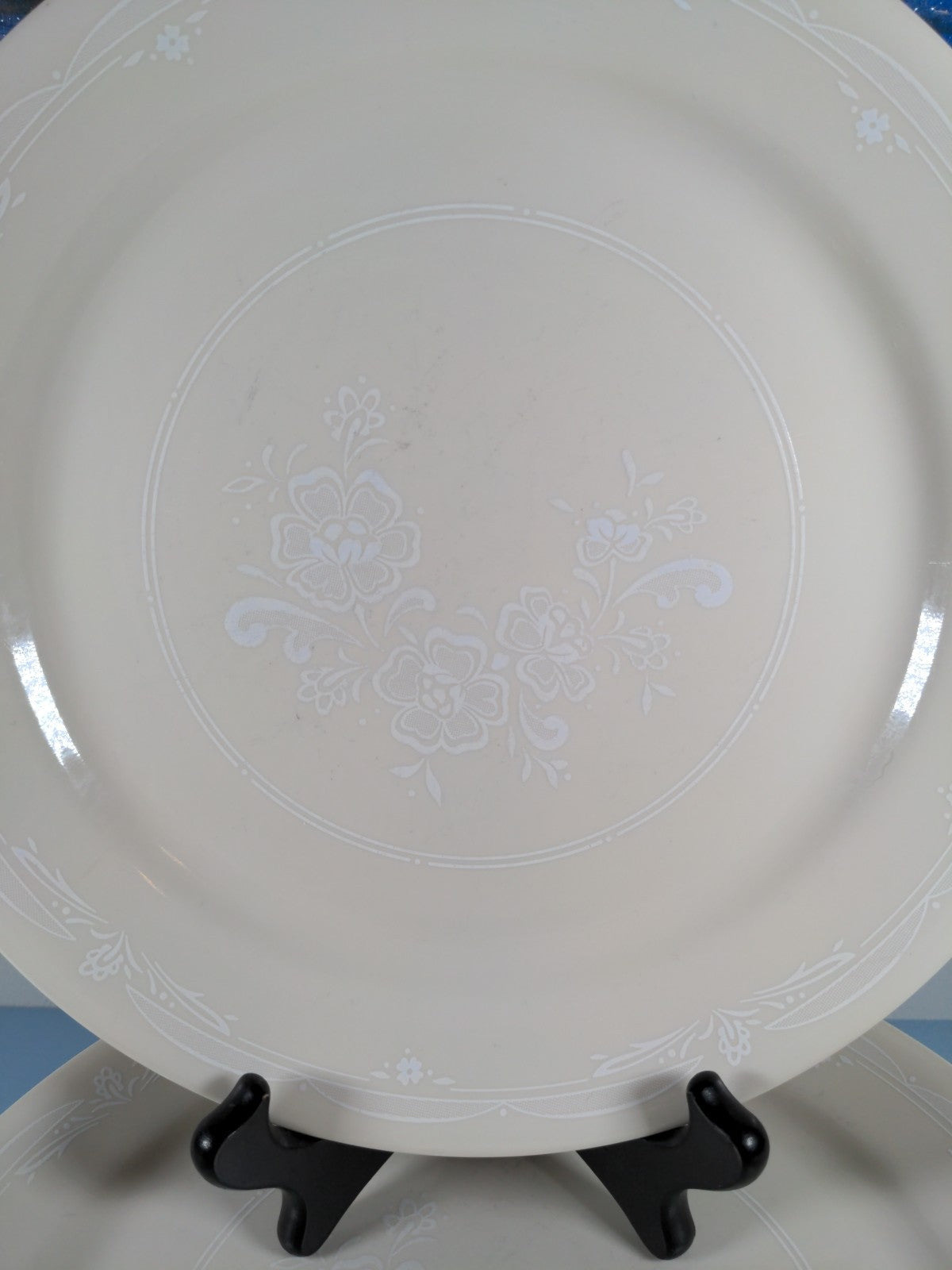 Vintage Corelle “Victorian Lace” Set of 6 Dinner Plates White‑on‑Beige Floral Pa