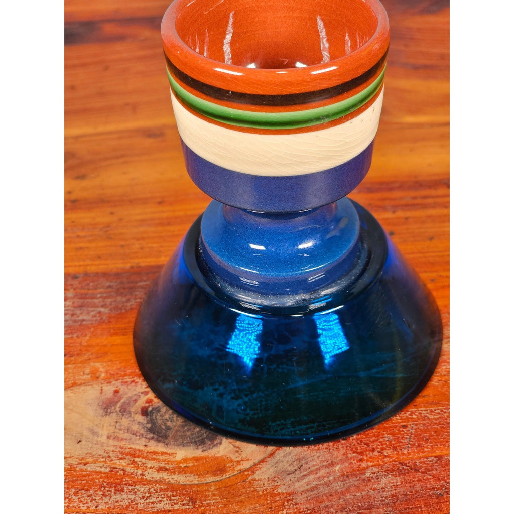 Vintage Nittsjo Sweden Egg Cup Blue Glass Base Hand Painted Ceramic Top