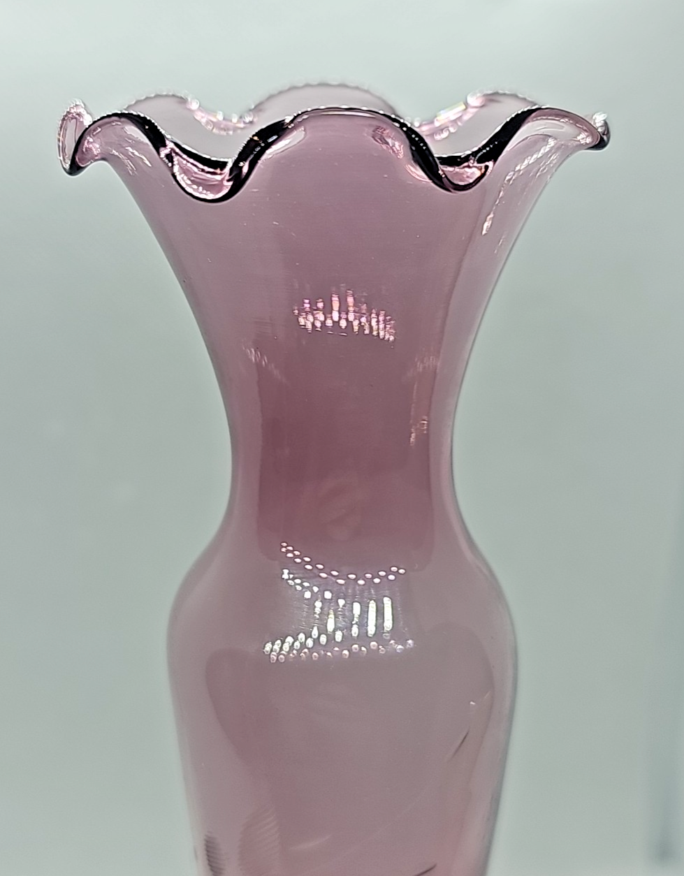 Amethyst Purple Etched Flower Bud Vase • Hand-Blown Glass • Ruffled Edge • 8″