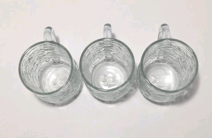 Set of 3 Princess House Fantasia Clear Glass Poinsettia Design Coffee Mug Cup