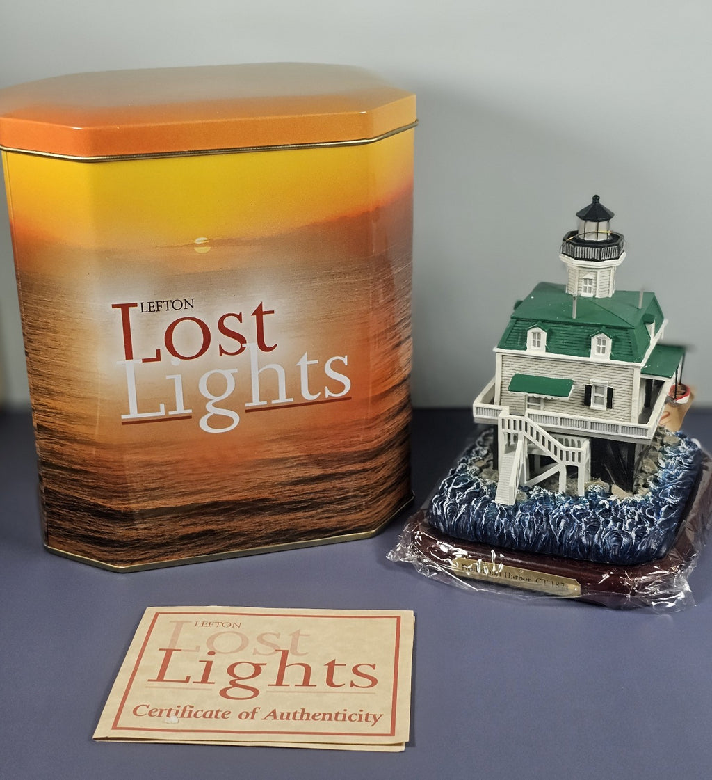 Lefton Lost Lights Bridgeport Harbor Lighthouse Figurine With Tin & COA