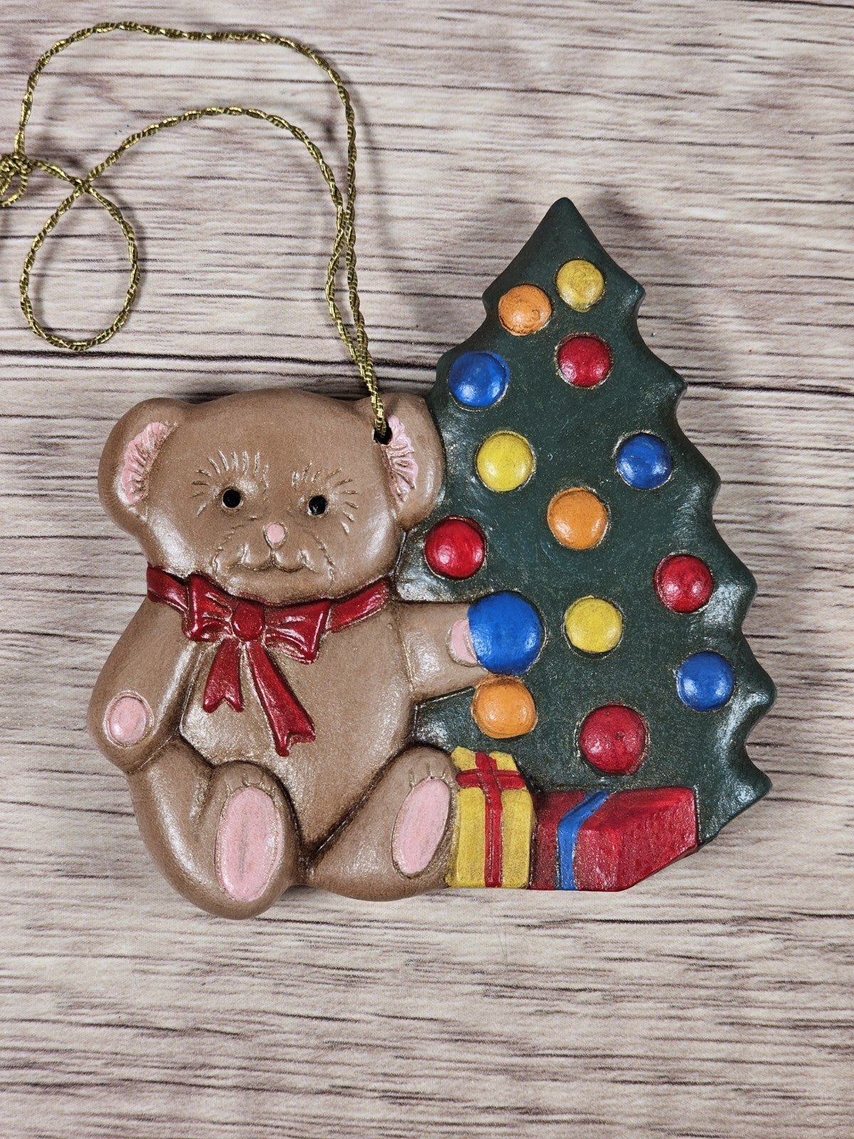 Vintage 90s Teddy Bear & Christmas Tree Ceramic Ornament