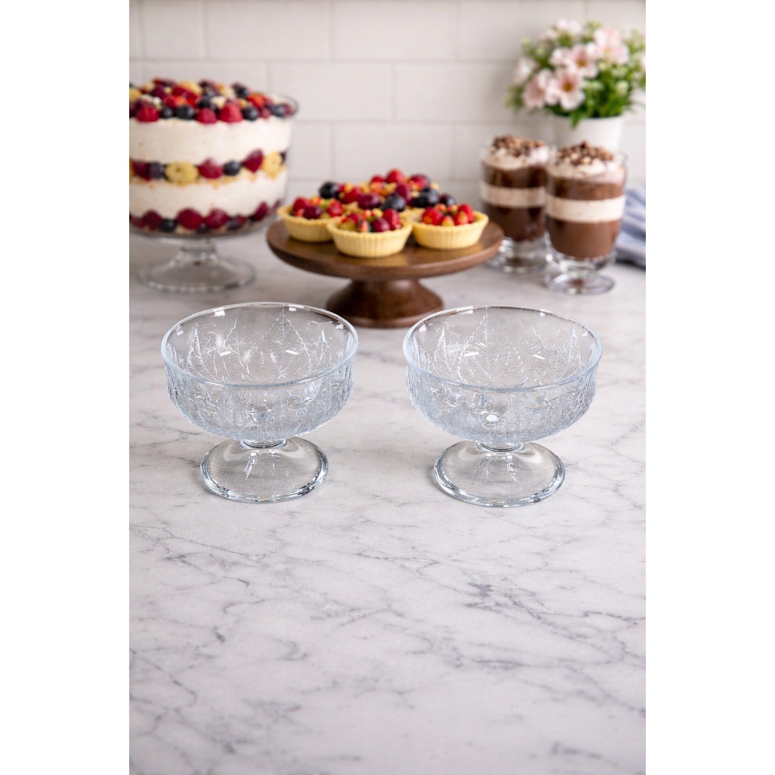 Vintage Pressed Glass Dessert Cups Set of 2 Leaf and Flower Footed Bowls