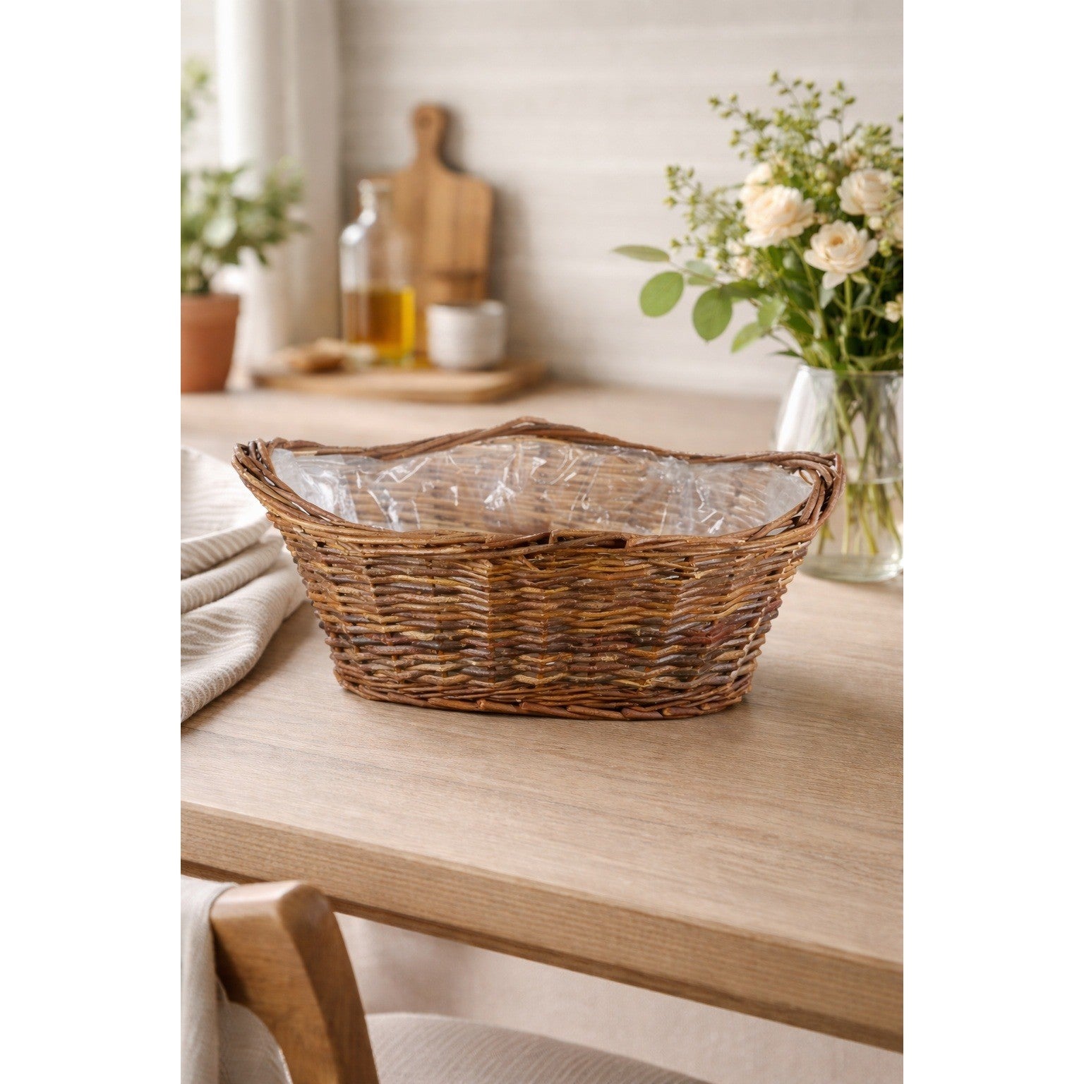 Vintage Wicker Basket with Plastic Liner – Rustic Storage Planter Basket