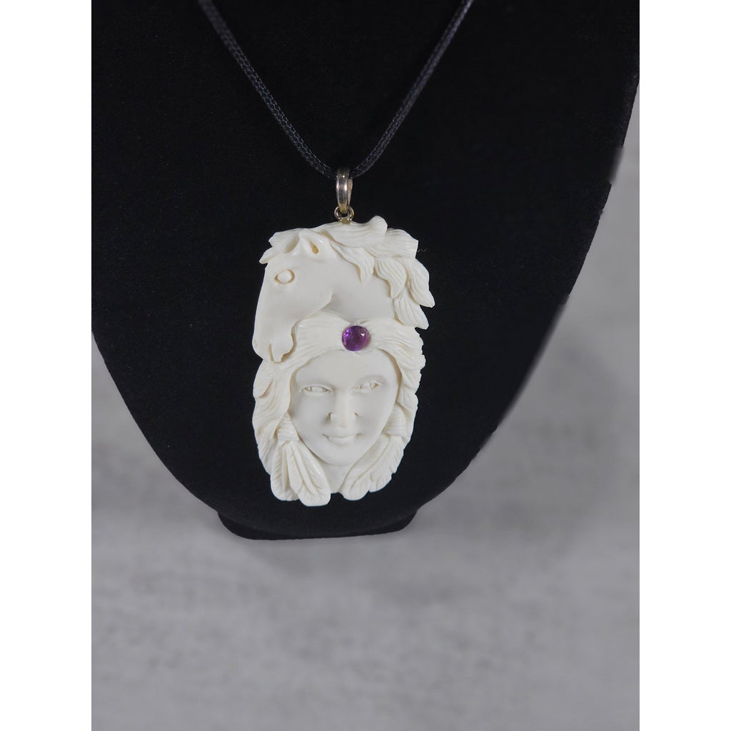 Vintage Carved Horse & Female Pendant Necklace Purple Stone