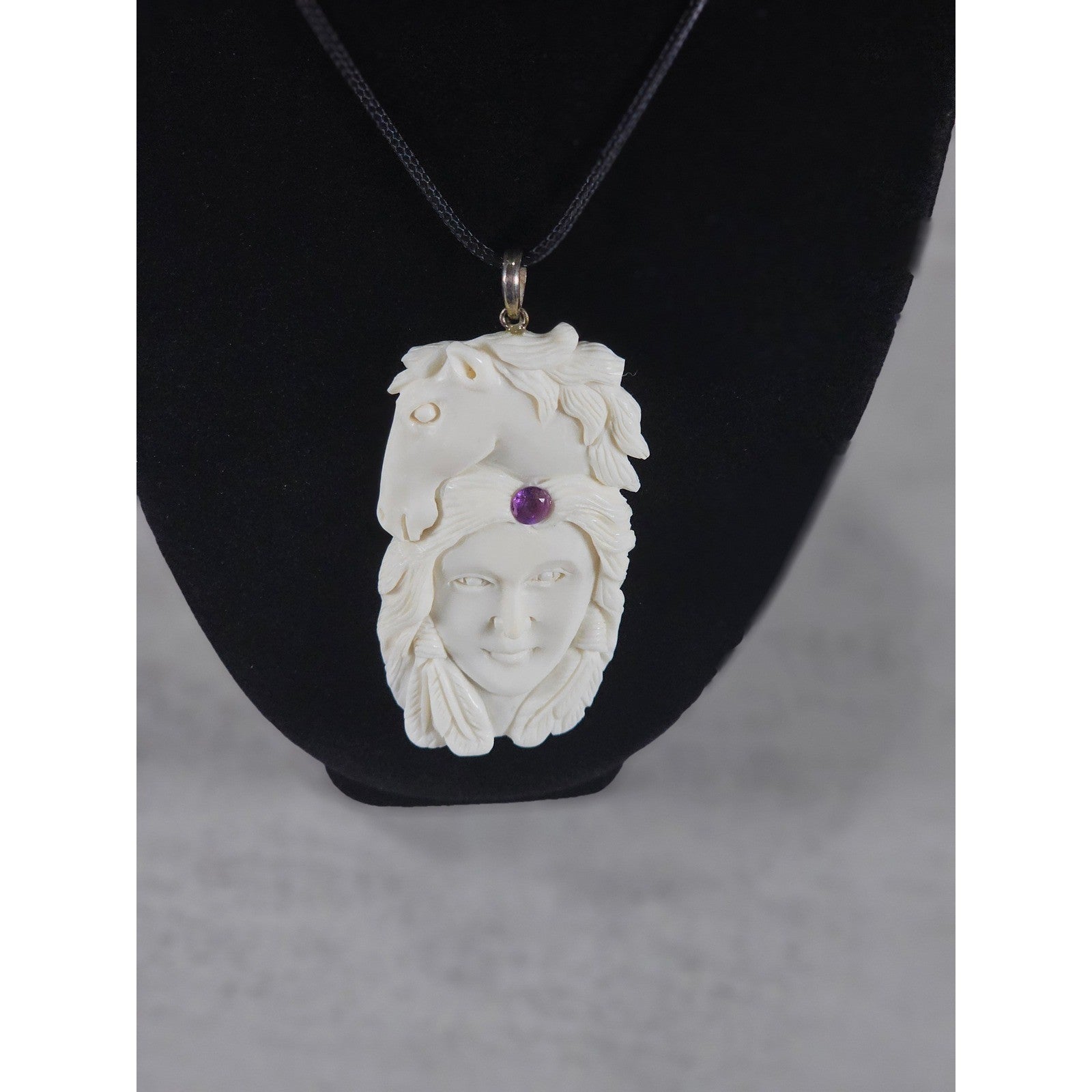 Vintage Carved Horse & Female Pendant Necklace Purple Stone