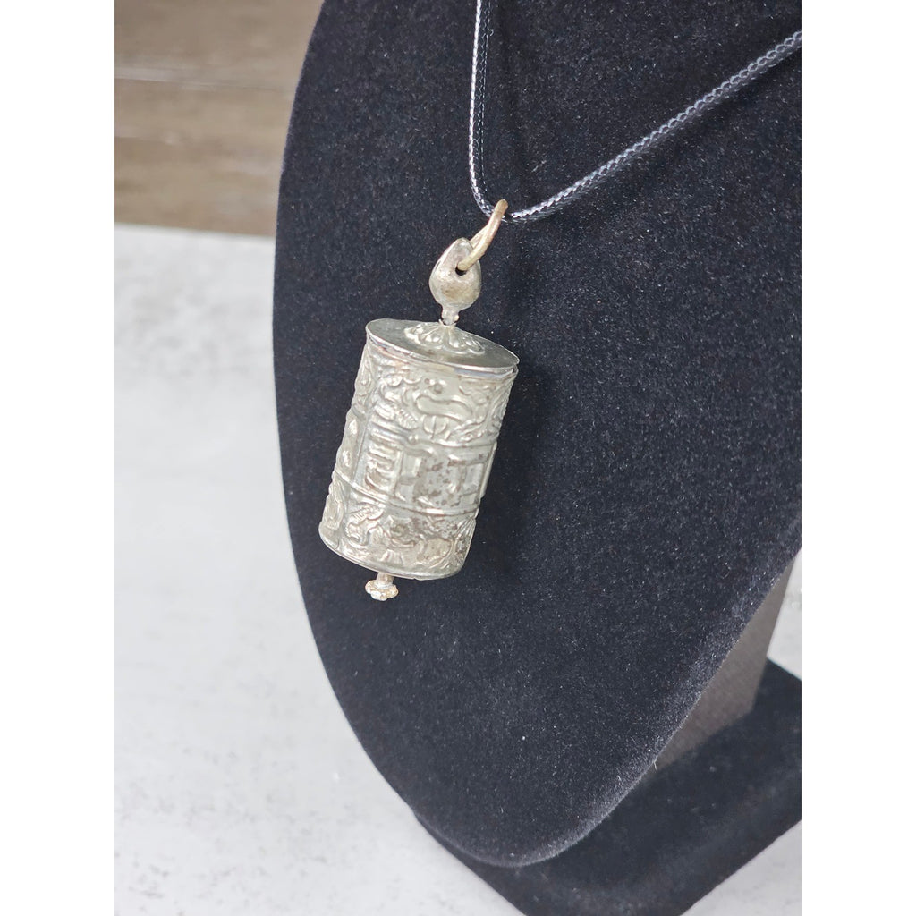 Vintage Asian Prayer Wheel Pendant Necklace Cylinder Scroll Charm