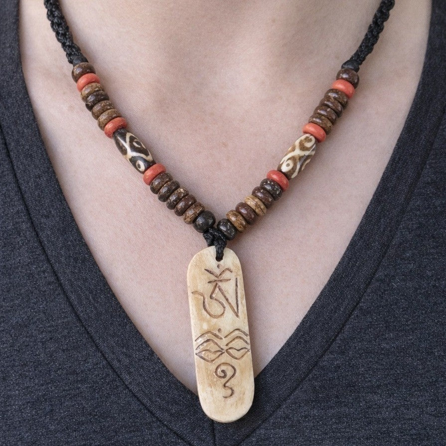 Vintage Carved Pendant Necklace Beaded Tribal Style Statement