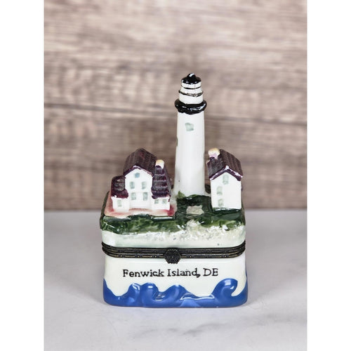Fenwick Island Lighthouse Porcelain Trinket Box Coastal Nautical Decor