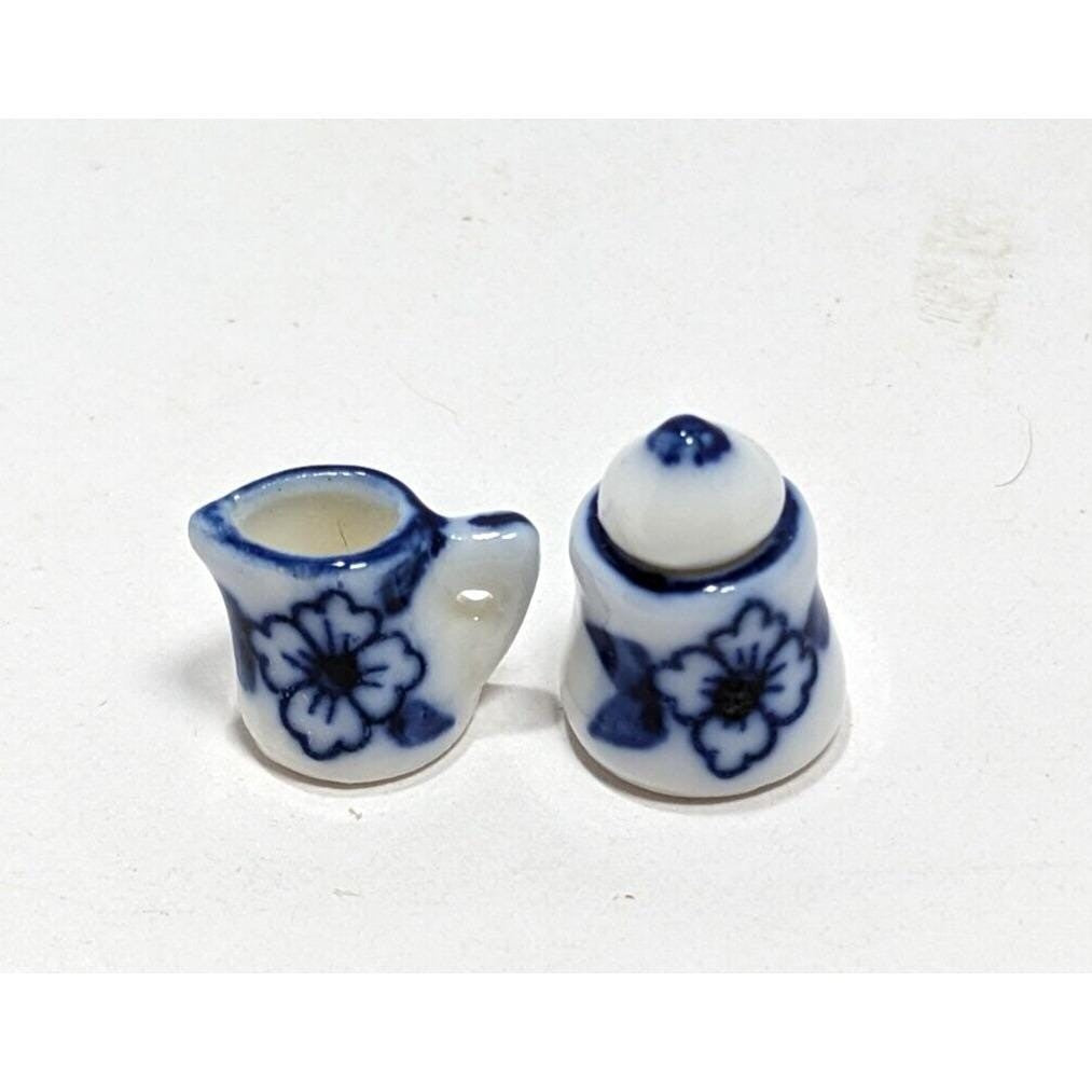 Dollhouse Miniature Coffee Set Blue White Ceramic 1:12 with Stand