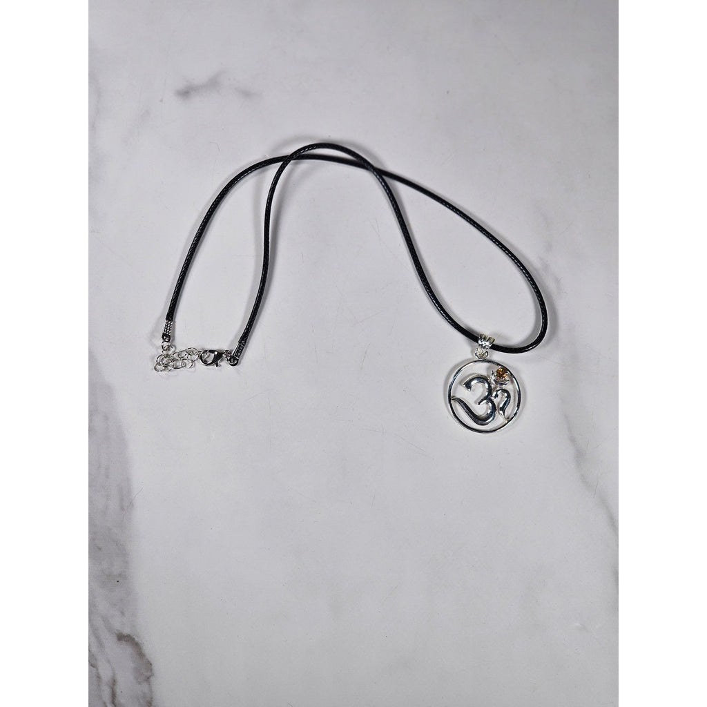 Vintage Sterling Silver Om Pendant Necklace with Amber Stone
