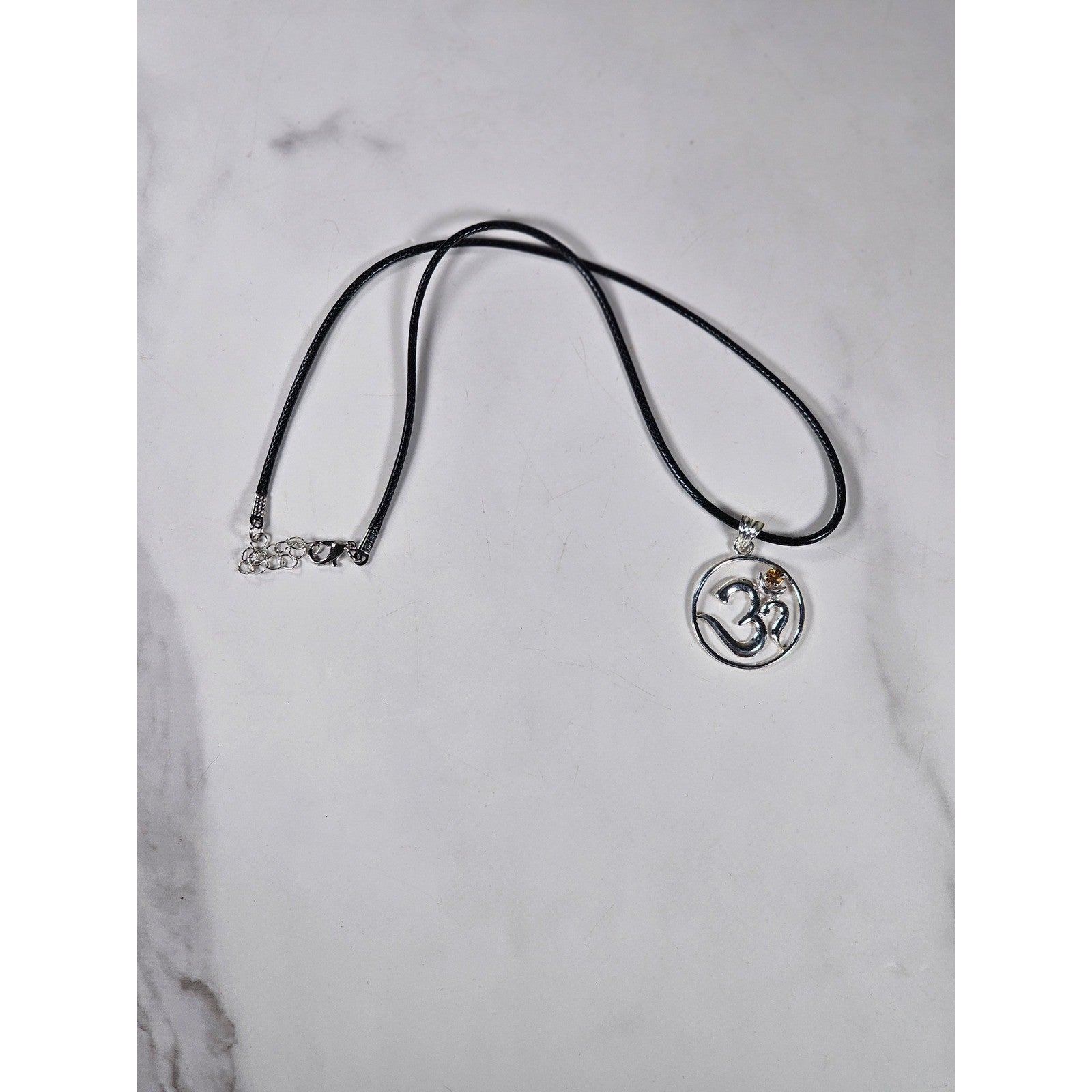 Vintage Sterling Silver Om Pendant Necklace with Amber Stone