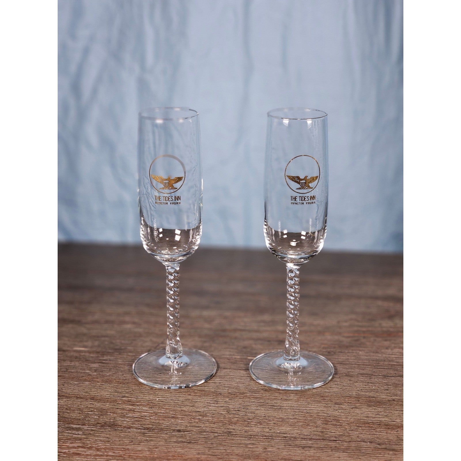 Vintage The Tides Inn Champagne Flutes Twisted Stem Glasses Set of 2