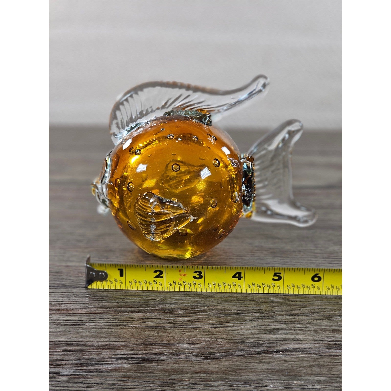 Vintage Amber Art Glass Fish Figurine 5" Hand Blown Bubble Glass