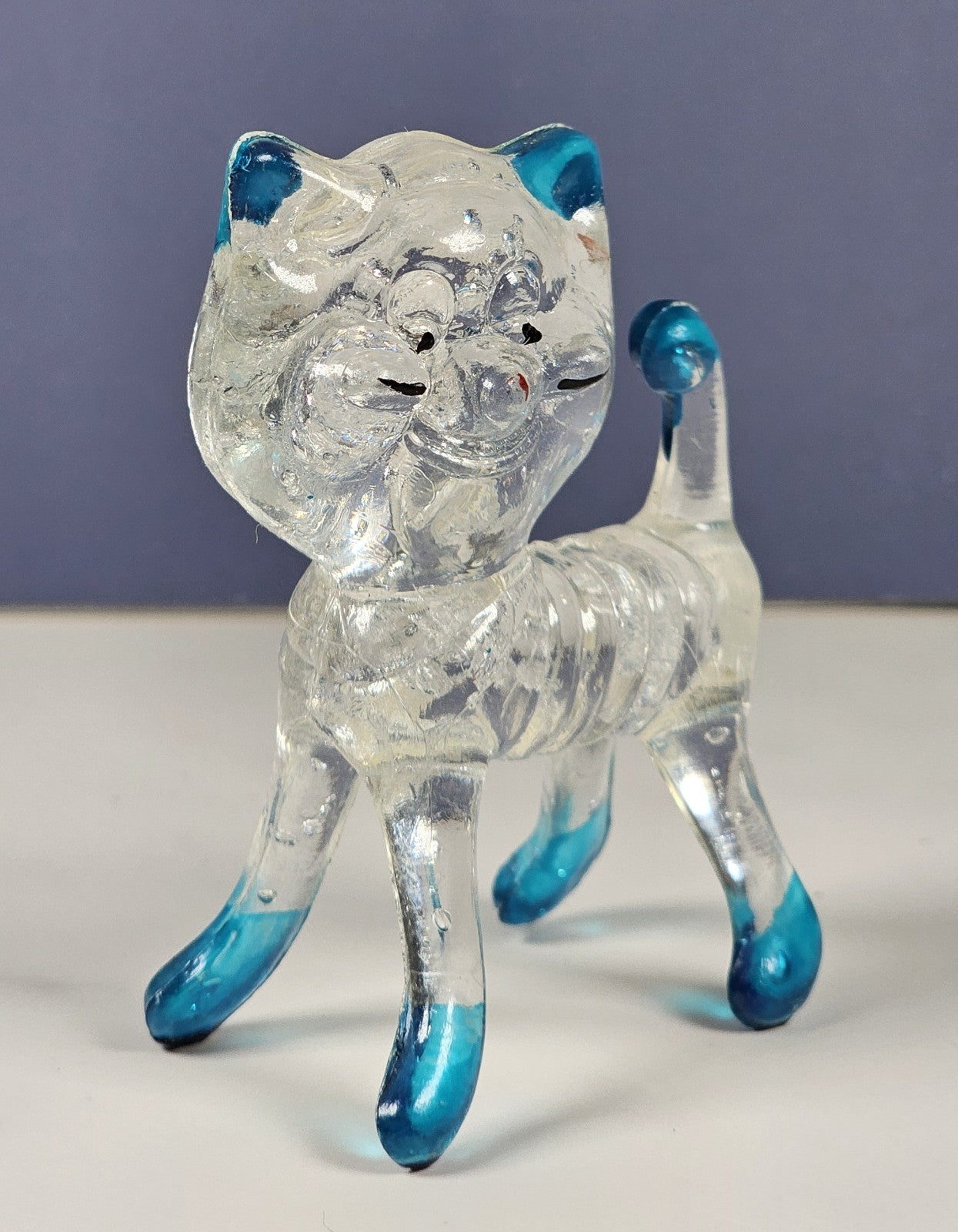Vintage Collectible Clear Plastic Lucite Kitty Cat Figurine 1960s With Blue Acce
