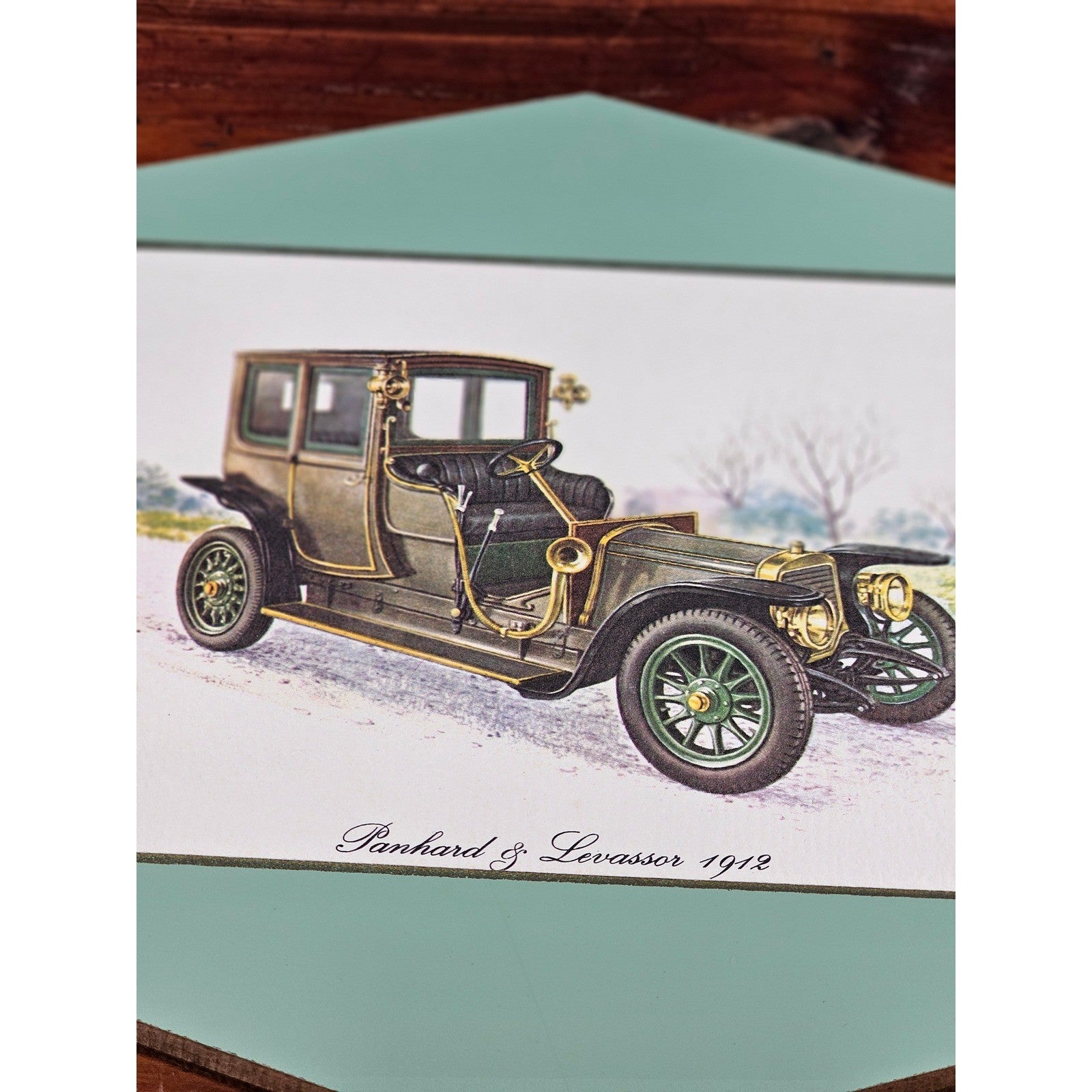 Vintage Panhard & Levassor 1912 Automobile Wall Plaque Teal 11.5 x 8