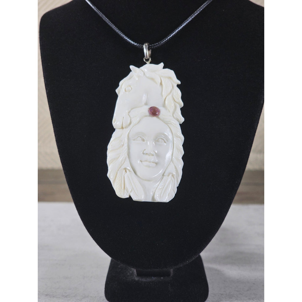 Vintage Hand Carved Horse Woman Pendant Necklace