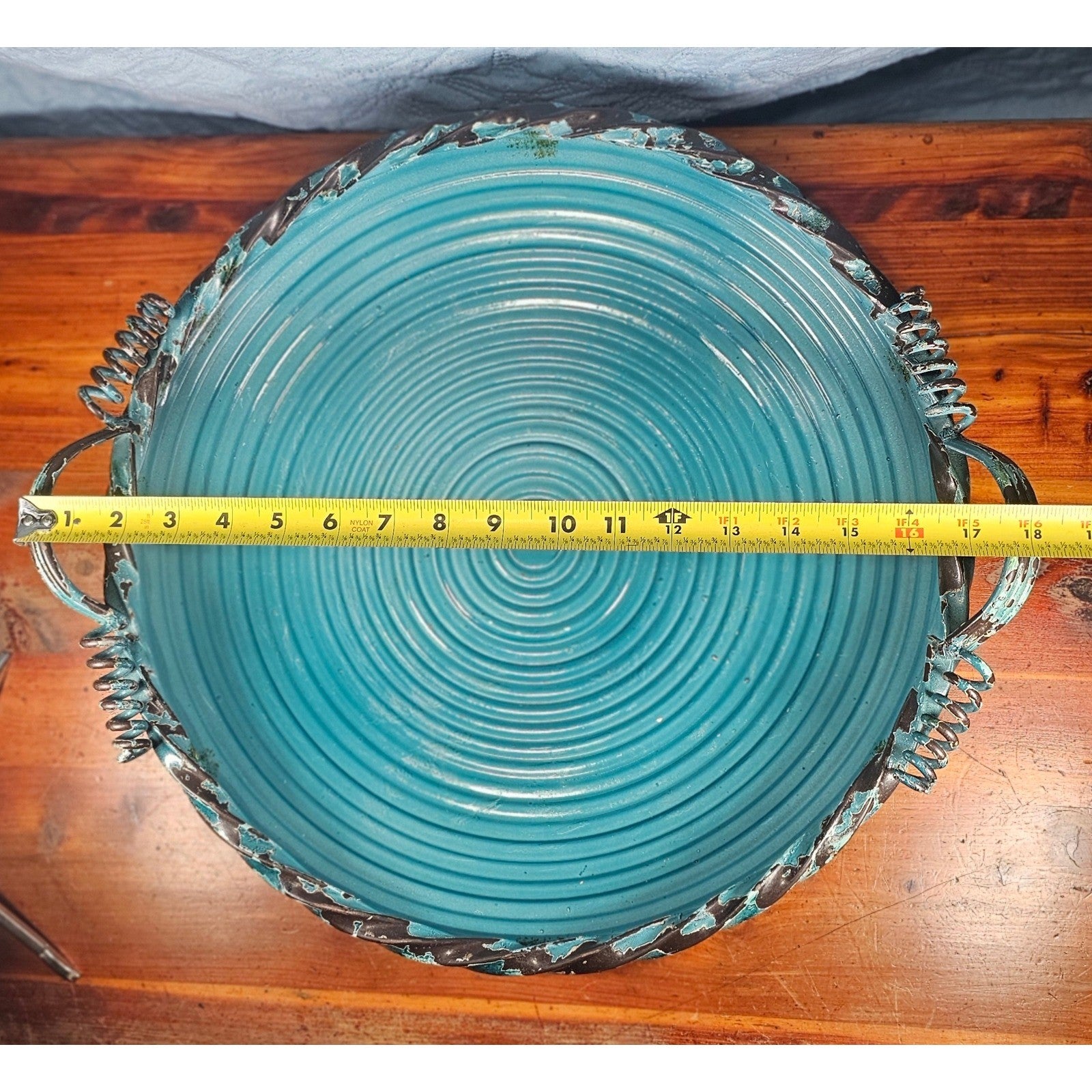 Vintage Teal Metal Tray with Handles | Distressed Round Serving Tray 16"