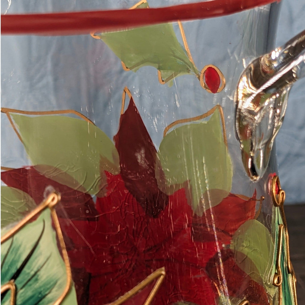 Vintage Poinsettia Glass Pitcher 72 oz Hand Painted Crackle Glass