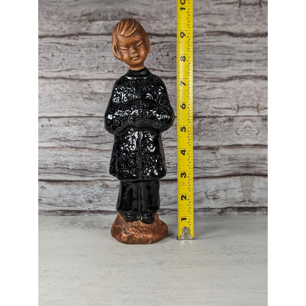 Vintage Ceramic Child Figurine Black Embossed Coat 9.5 Inch Statue