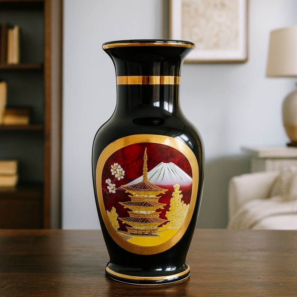 Vintage Chokin Vase With Pagoda Scene & Gold Accents