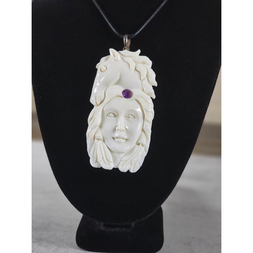 Vintage Carved Horse & Female Pendant Necklace Purple Stone