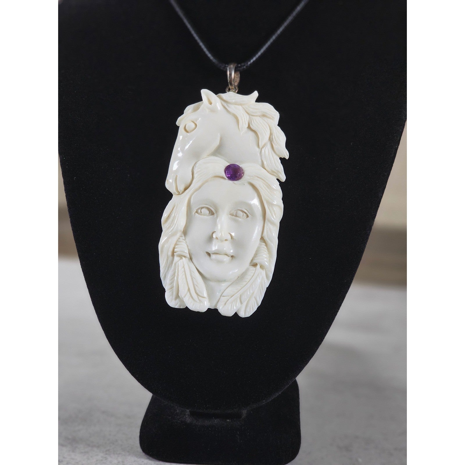 Vintage Carved Horse & Female Pendant Necklace Purple Stone