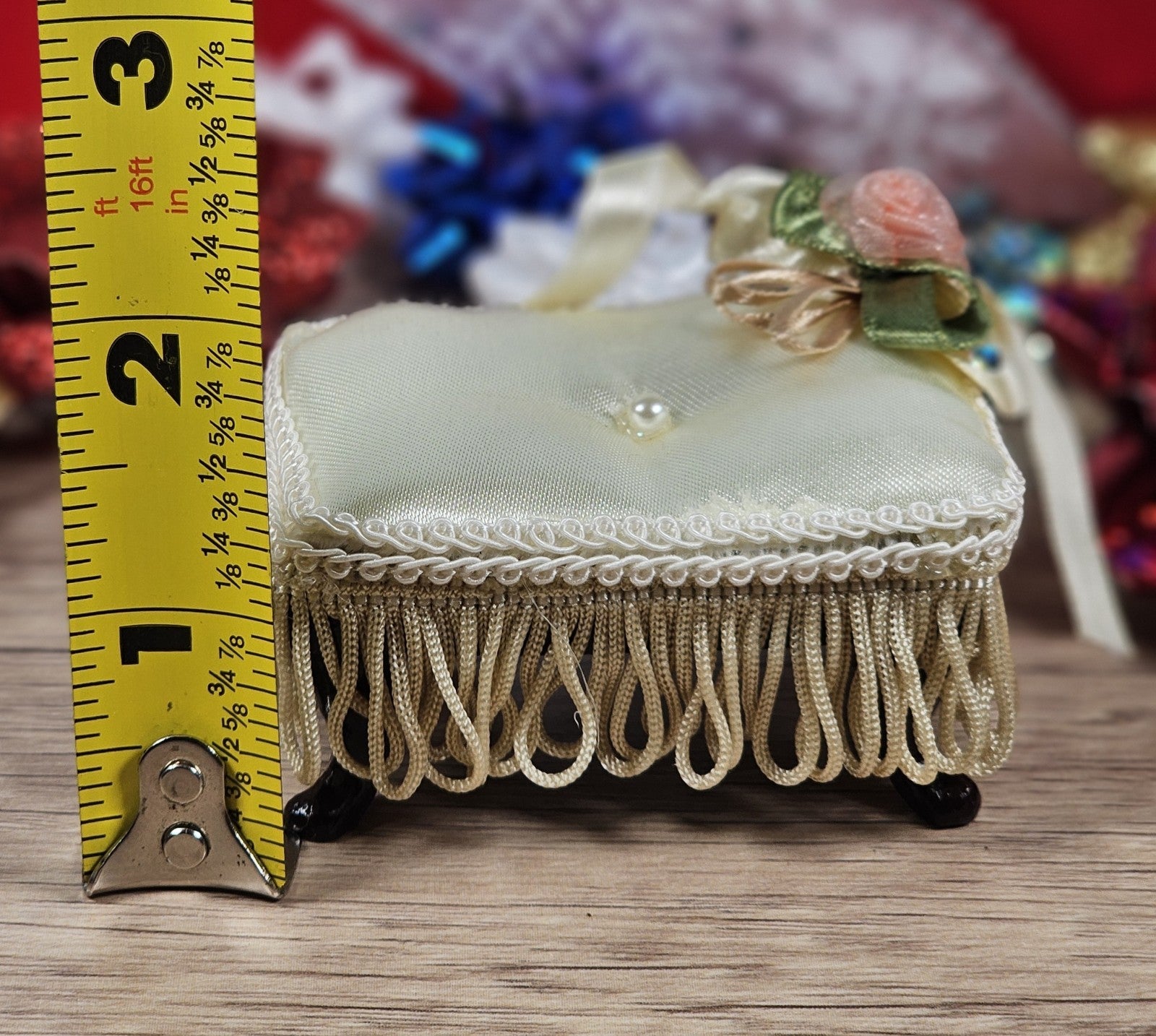 Vintage White Satin Victorian Miniature Stool Ornament 1" x3"