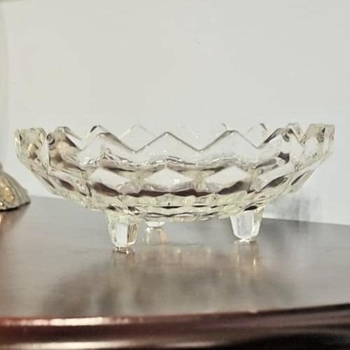 Vintage Fostoria American Cubist Glass Bowl 3 Footed Sawtooth Rim