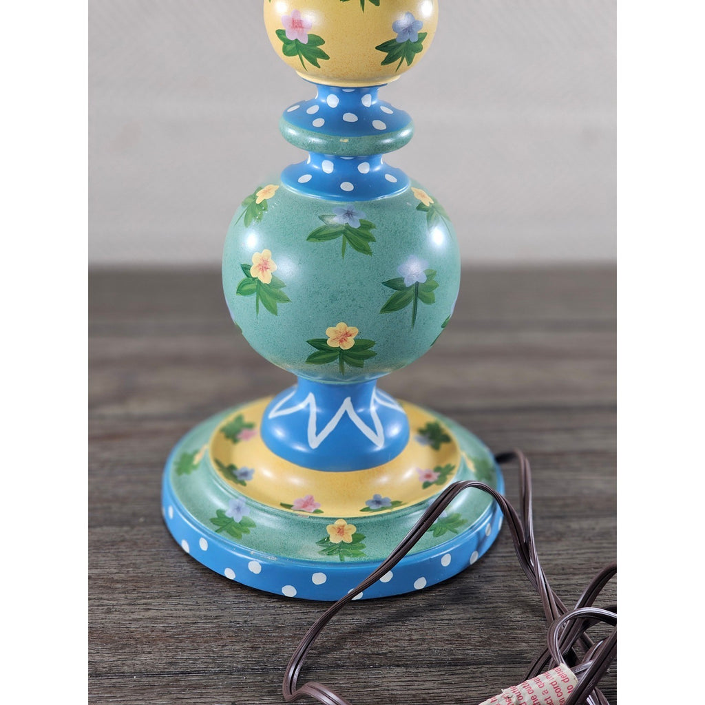Vintage Hand Painted Wood Table Lamp Floral Blue Yellow Polka Dot