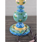 Vintage Hand Painted Wood Table Lamp Floral Blue Yellow Polka Dot